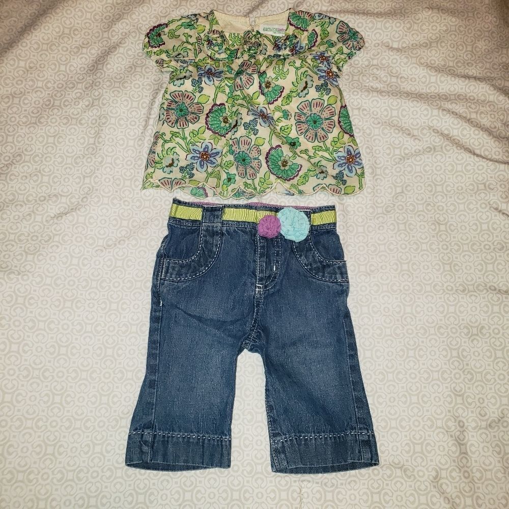 GENUINE BABY BY OSHKOSH B'GOSH FLORAL TO AND JEANS SET SIZE 3 MONTHS